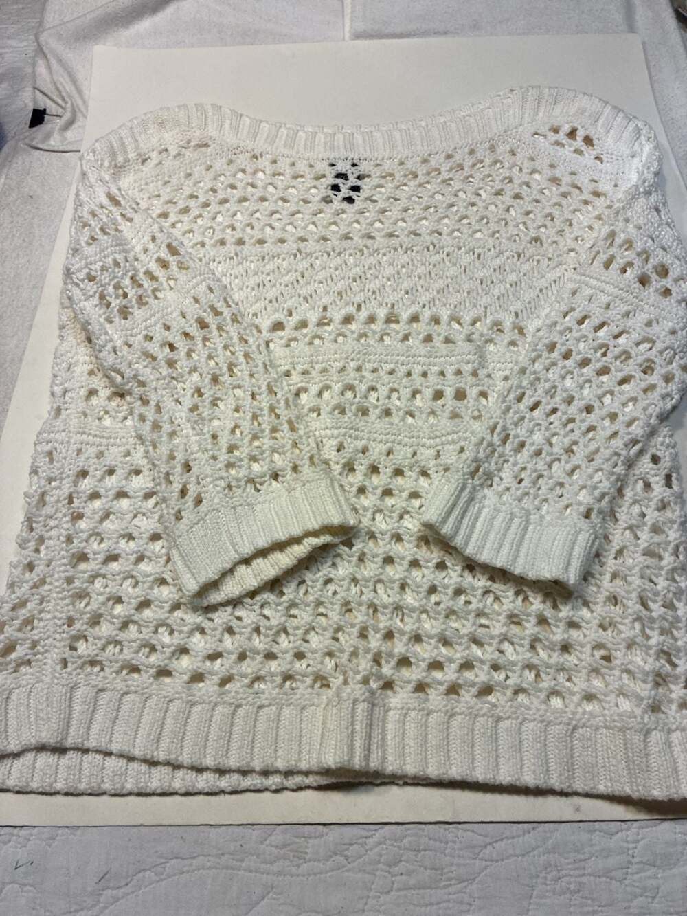 Rafaella Studio Cream Crochet Open Knit Boat Neck Sweater